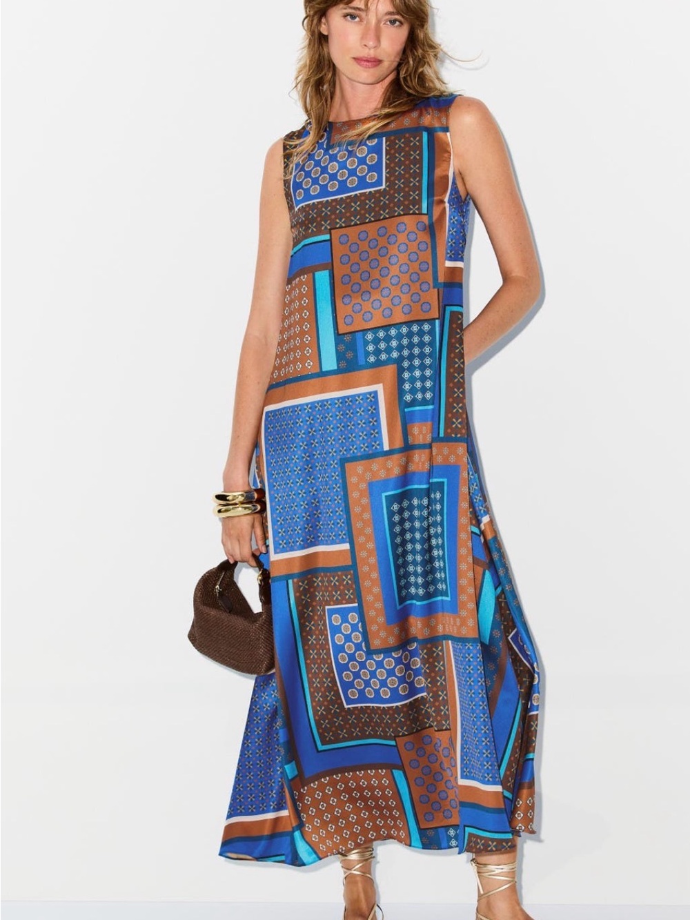 Misa Los Angeles Sleeveless Geo Block Maxi Dress in Blue and Brown